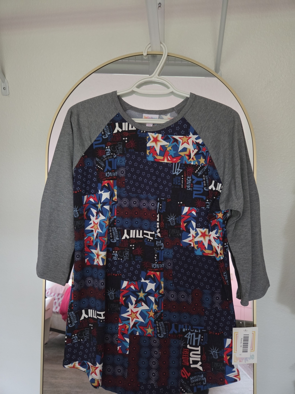 LuLaRoe Patriotic Patchwork Raglan Top in Navy, Red, Gray